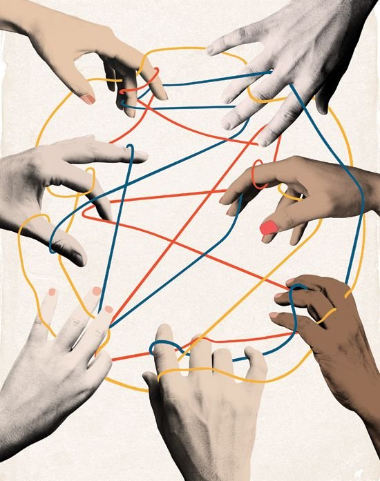 Ilustración de manos entrelazando hilos de colores